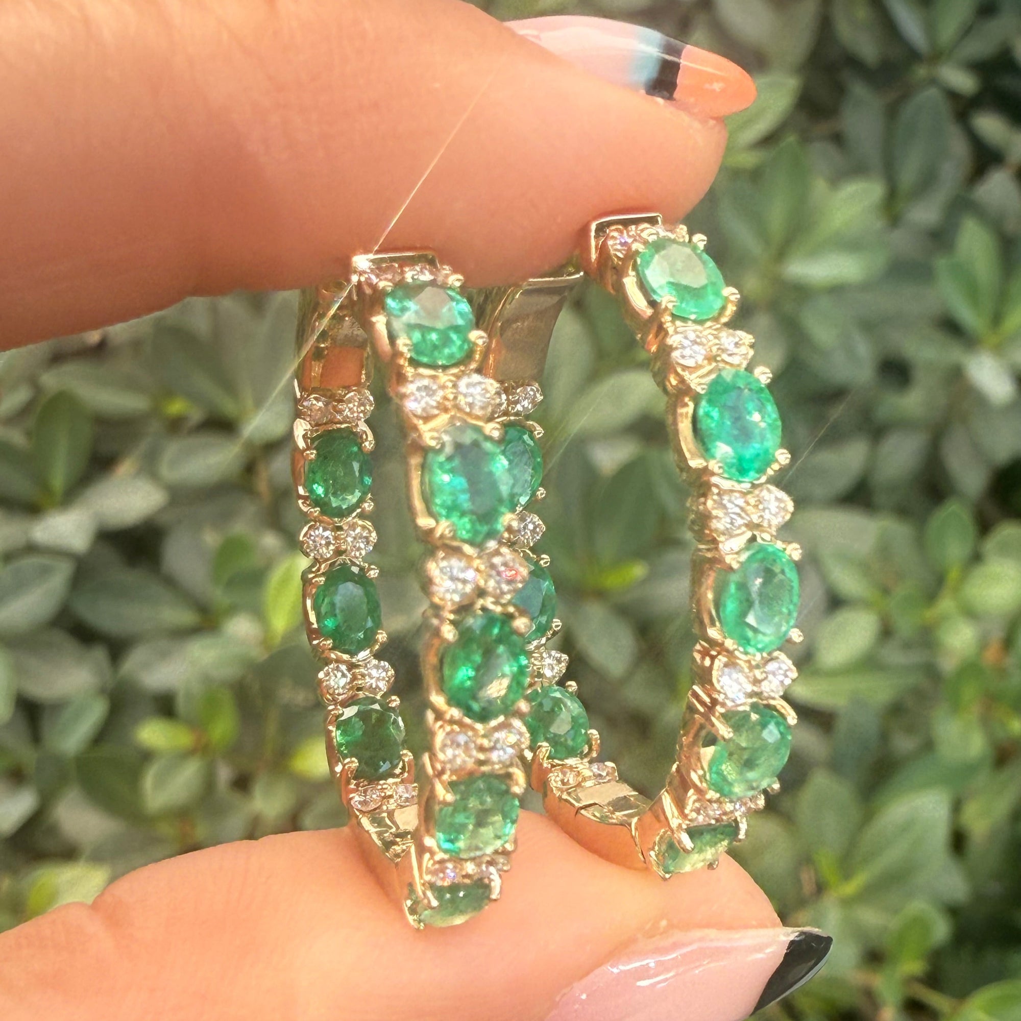 Emerald &amp; Diamond Hoop Earrings in 14k Yellow Gold