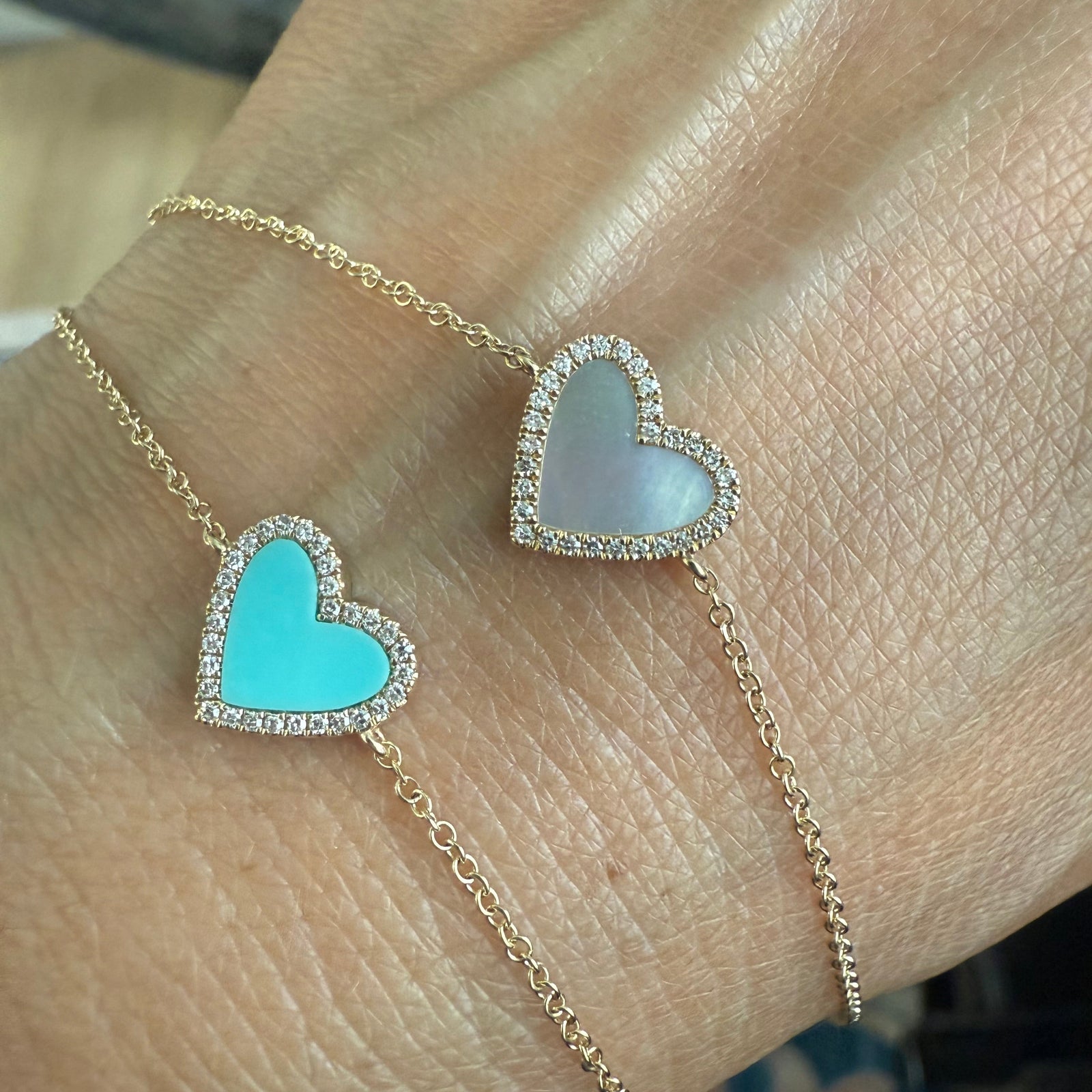 14K Gold Diamond Heart Bracelets – Mother of Pearl or Turquoise