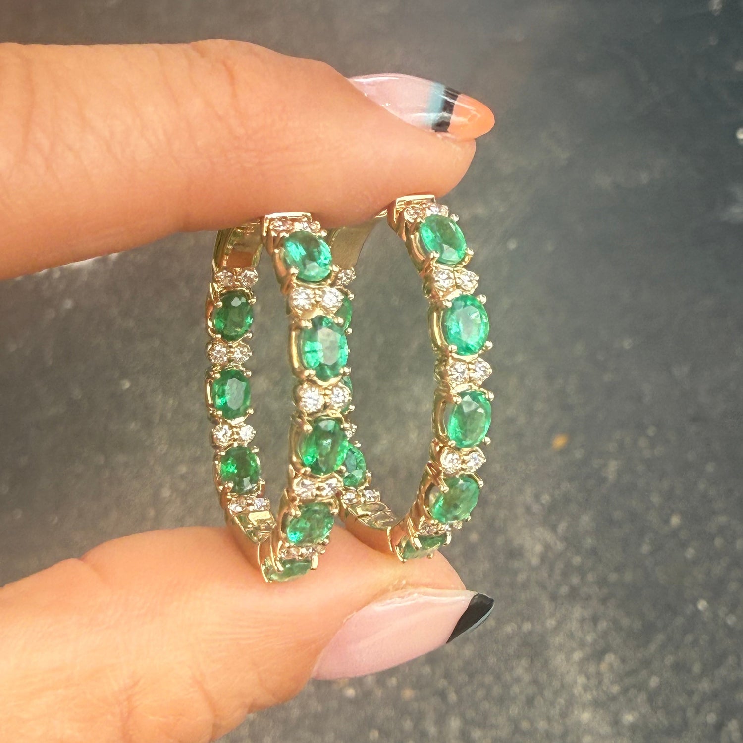 Emerald & Diamond Hoop Earrings in 14k Yellow Gold