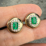Emerald and diamond cluster earrings in 14K yellow gold, push back design by Santayana Jewelers Miami