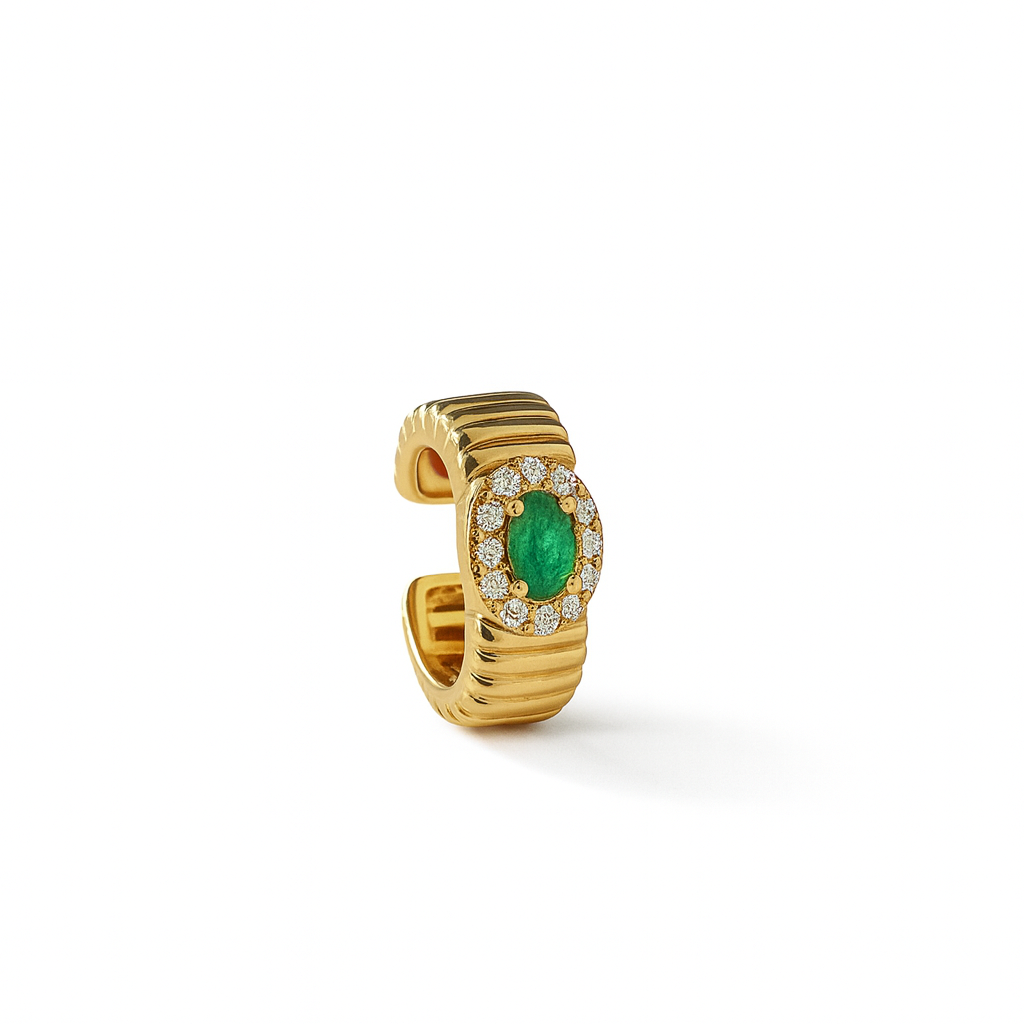 Diamond and emerald ear cuff on 14k yellow gold. 