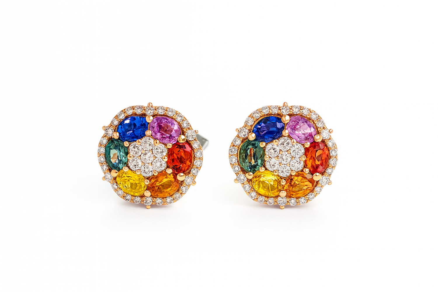 Multi-Color Sapphire & Diamond Cluster Earrings in 14K Rose Gold
