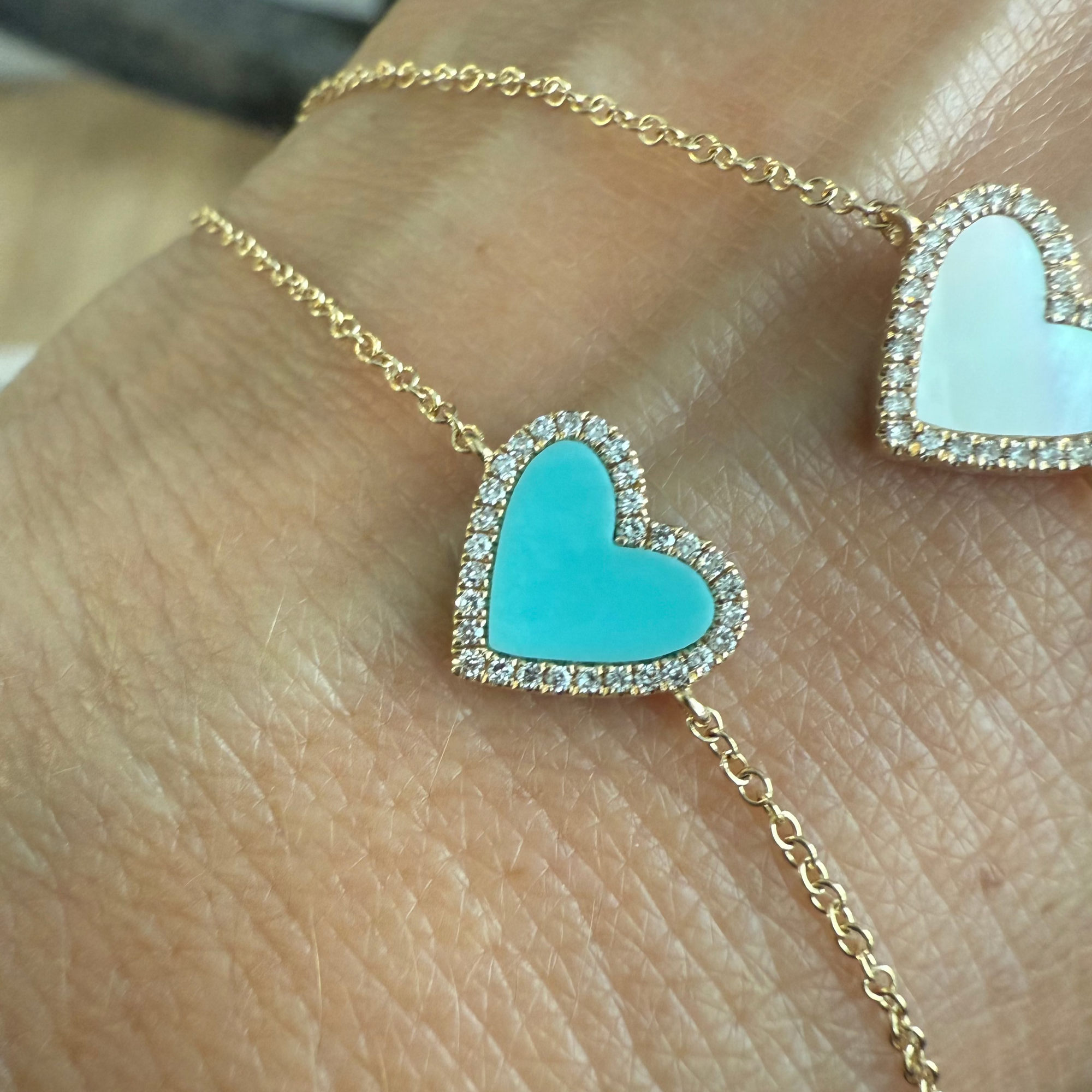 14K Gold Diamond Heart Bracelets – Mother of Pearl or Turquoise