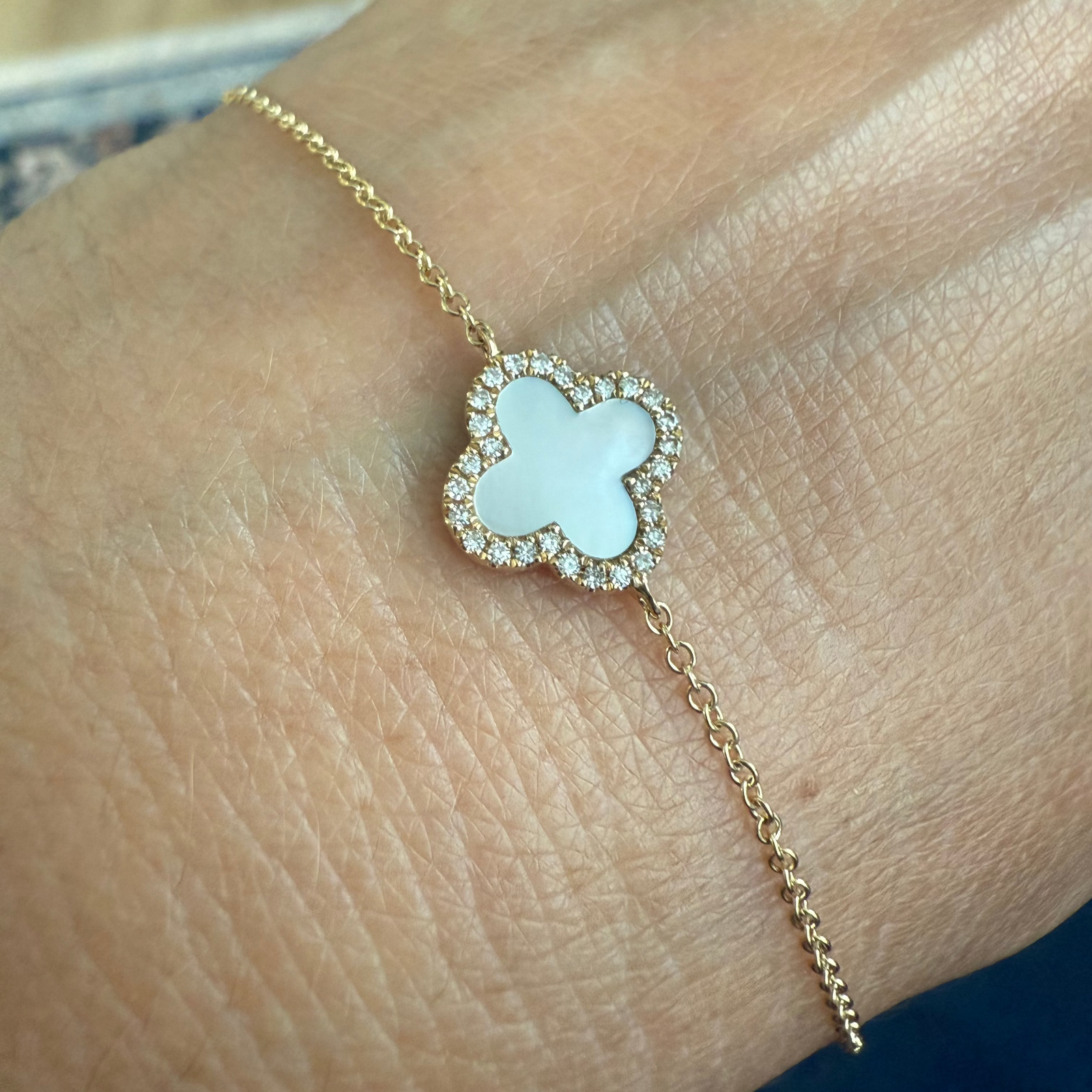 14K Gold Clover Bracelet with Mother of Pearl & Diamonds
