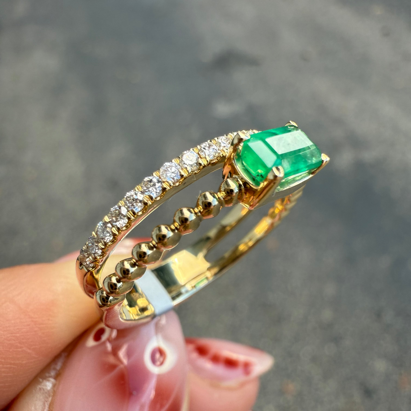 Emerald & Diamond Stacking Ring in 14K Yellow Gold