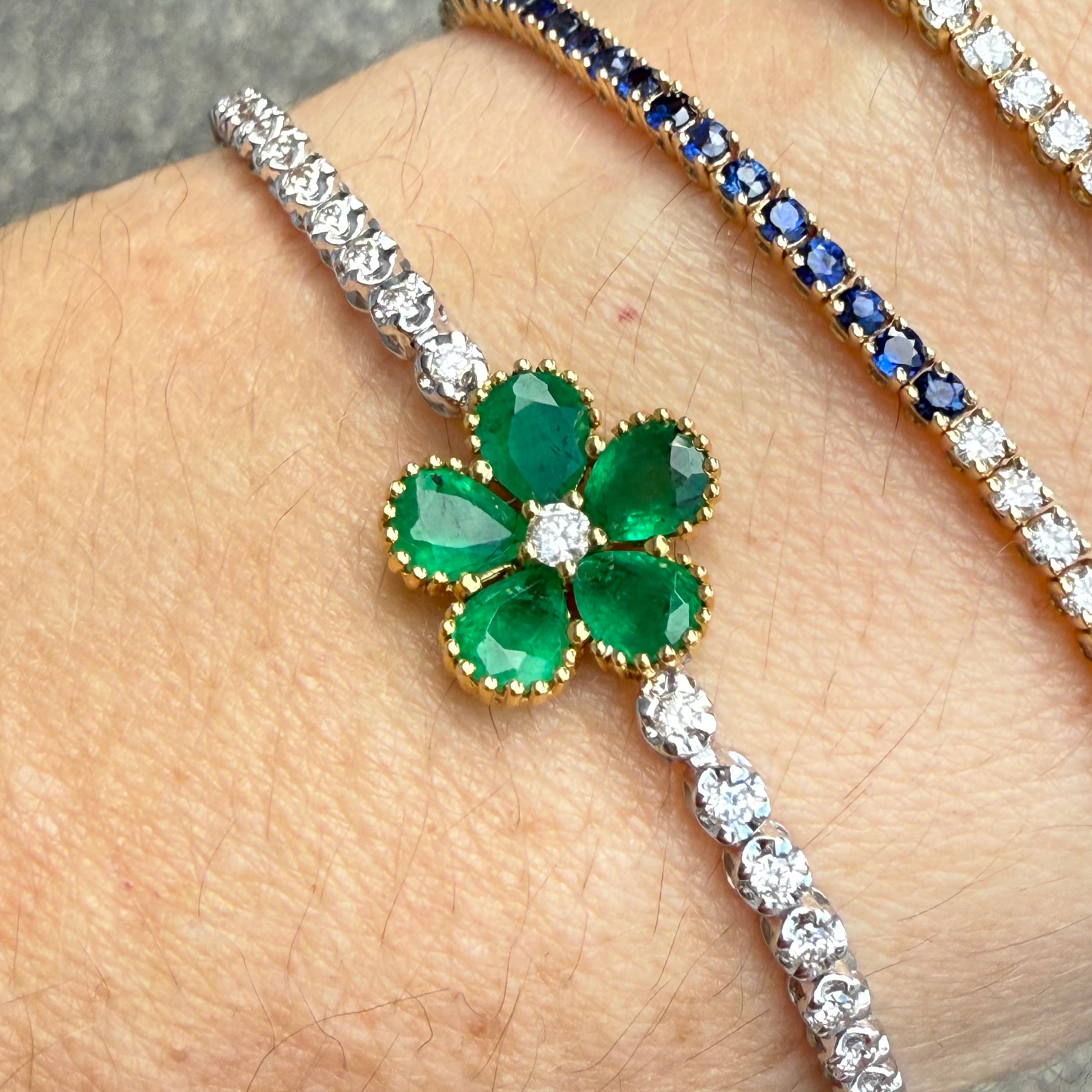 Emerald Clover & Diamond Tennis Bracelet in 18K White Gold