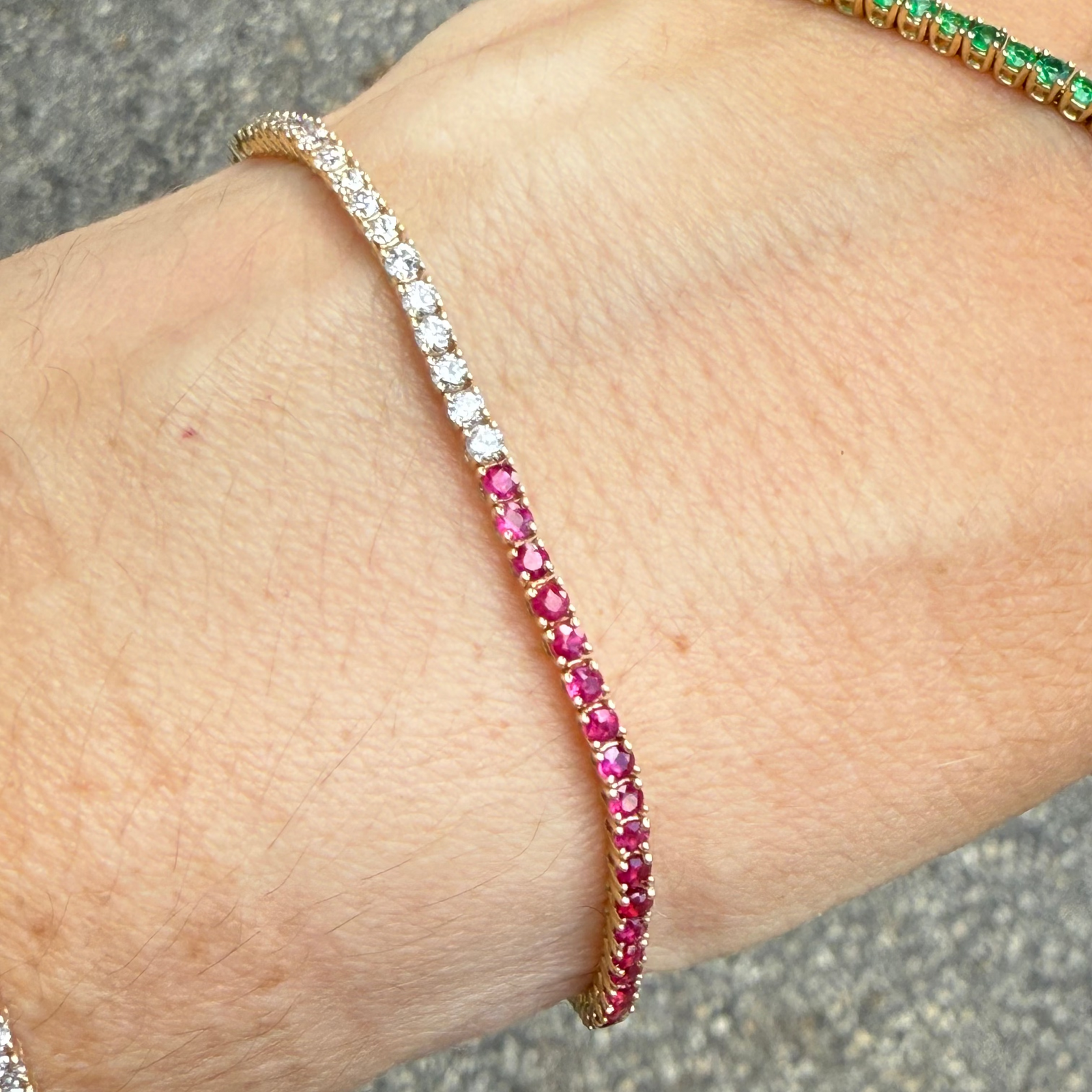 Ruby and diamond half tennis bracelet in 14K gold, handcrafted by Santayana Jewelers Miami.
