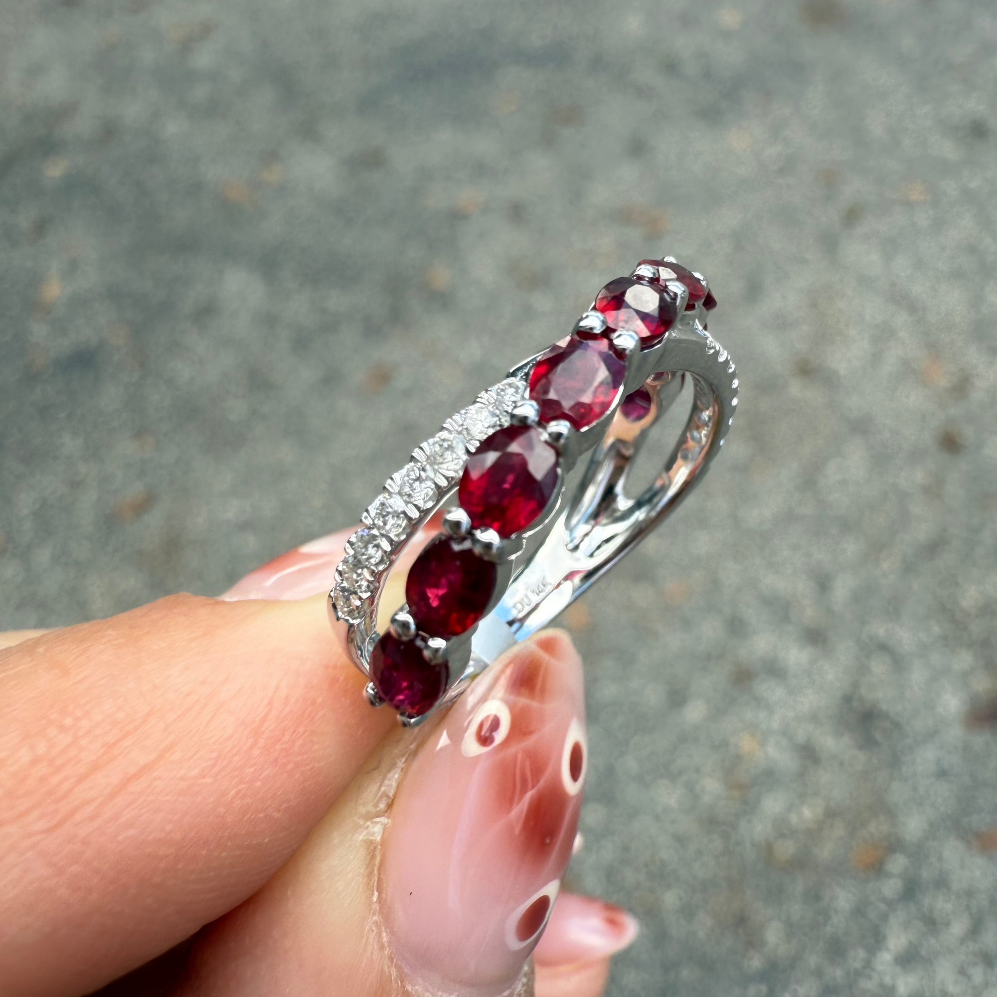 Ruby and diamond crossover band in 14K white gold, versatile ring