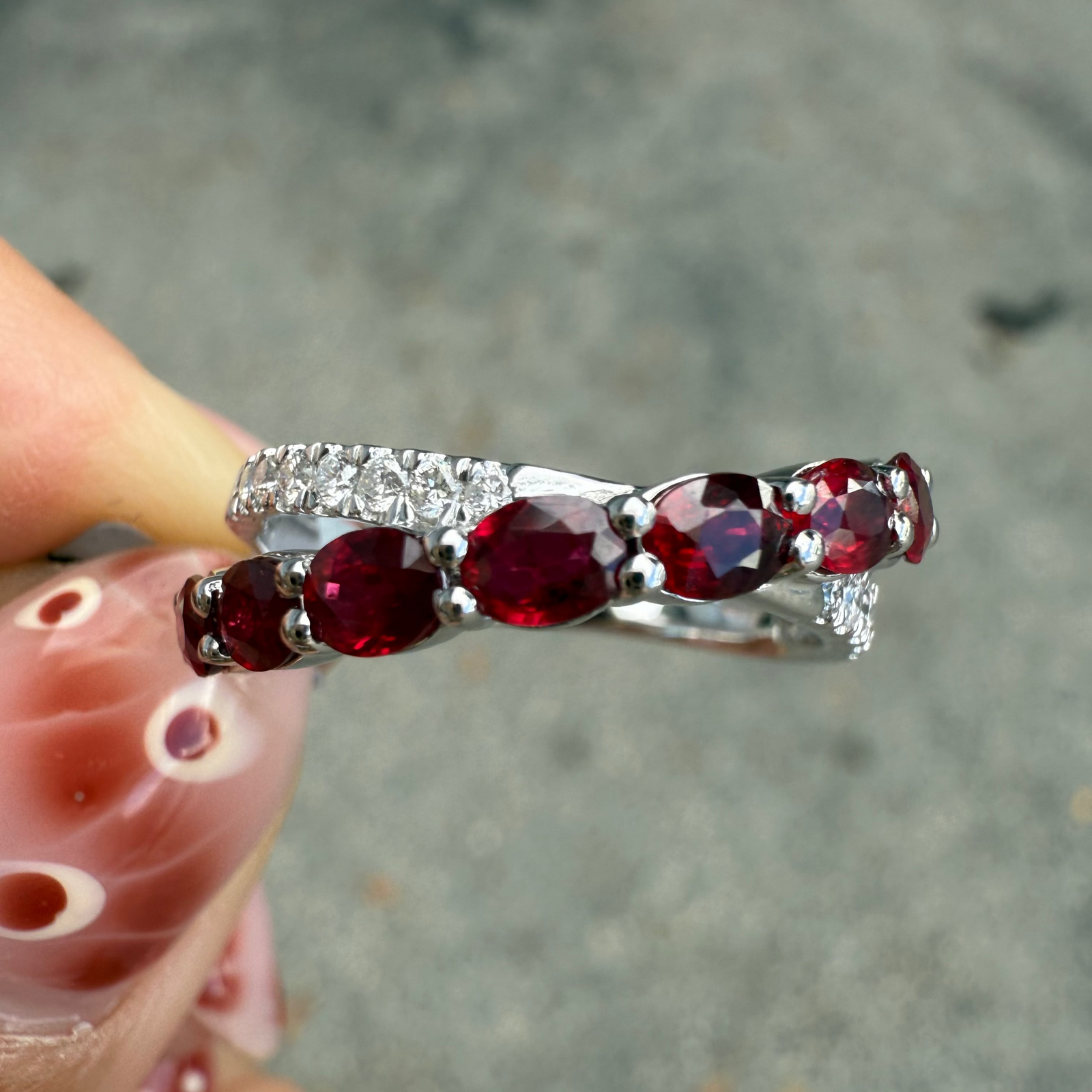 Ruby and diamond crossover band in 14K white gold, versatile ring