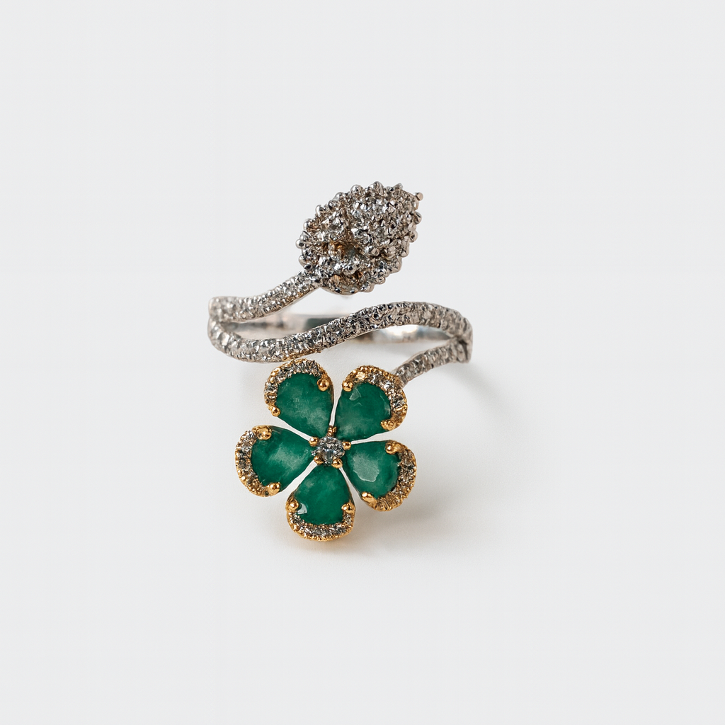 Emerald Clover & Diamond Ring in 18K Gold