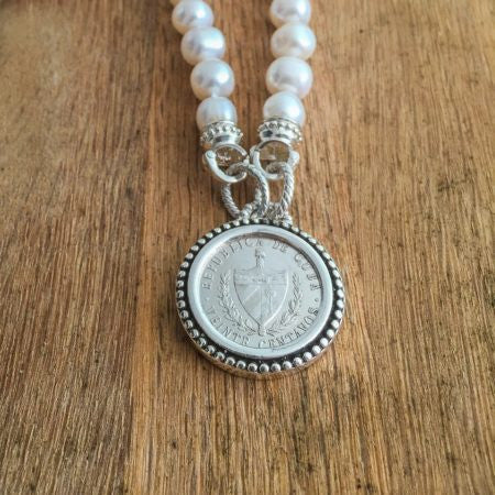 Medium Size Crest on Beaded Bezel Necklace on Freshwater Pearls