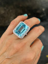 26 Carat Emerald Cut Blue Topaz and Diamond Cocktail Ring