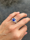 Cushion Cut Ceylon Sapphire and Diamond Trapezoid Engagement Ring