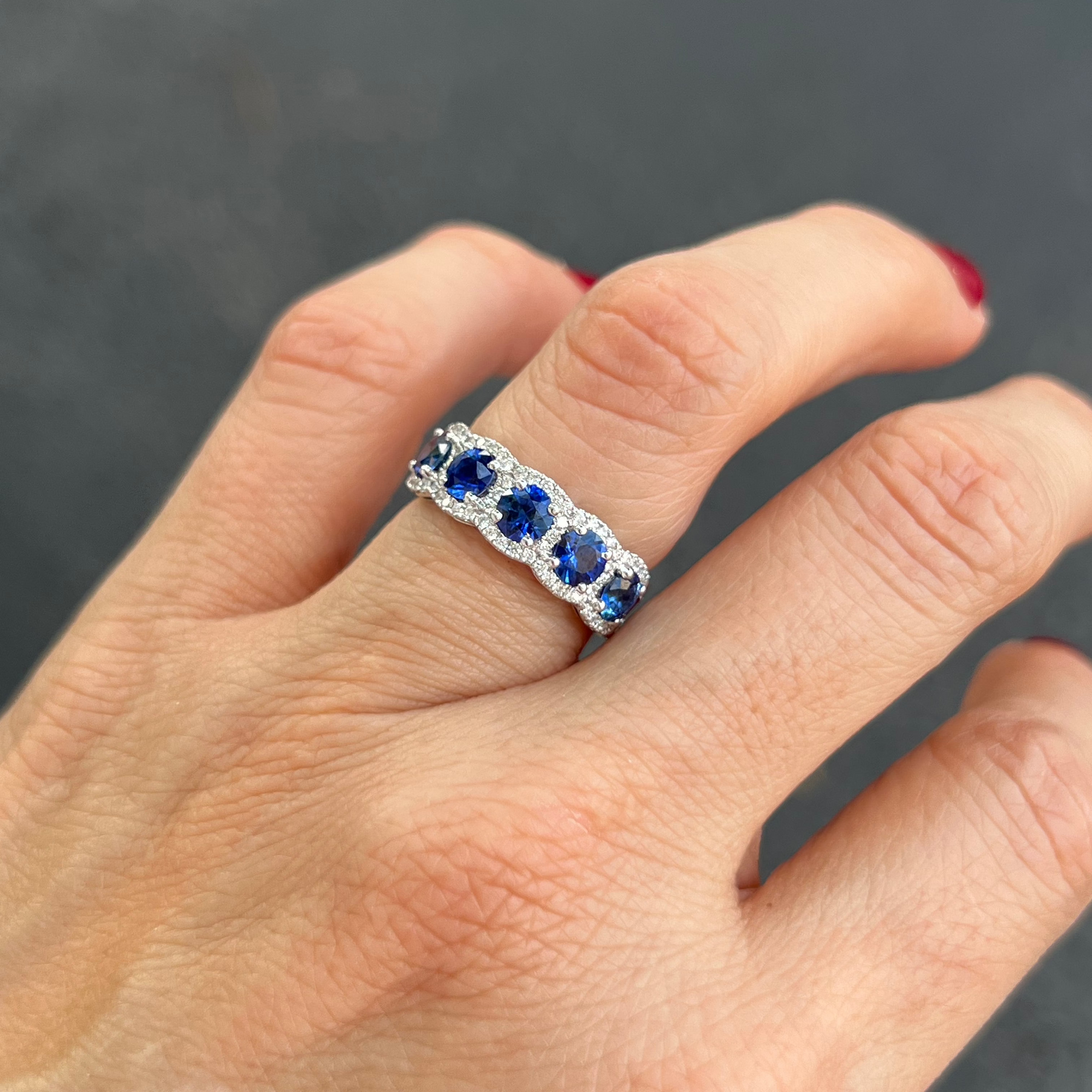 Round Sapphires and Diamond Band Ring