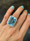 26 Carat Emerald Cut Blue Topaz and Diamond Cocktail Ring