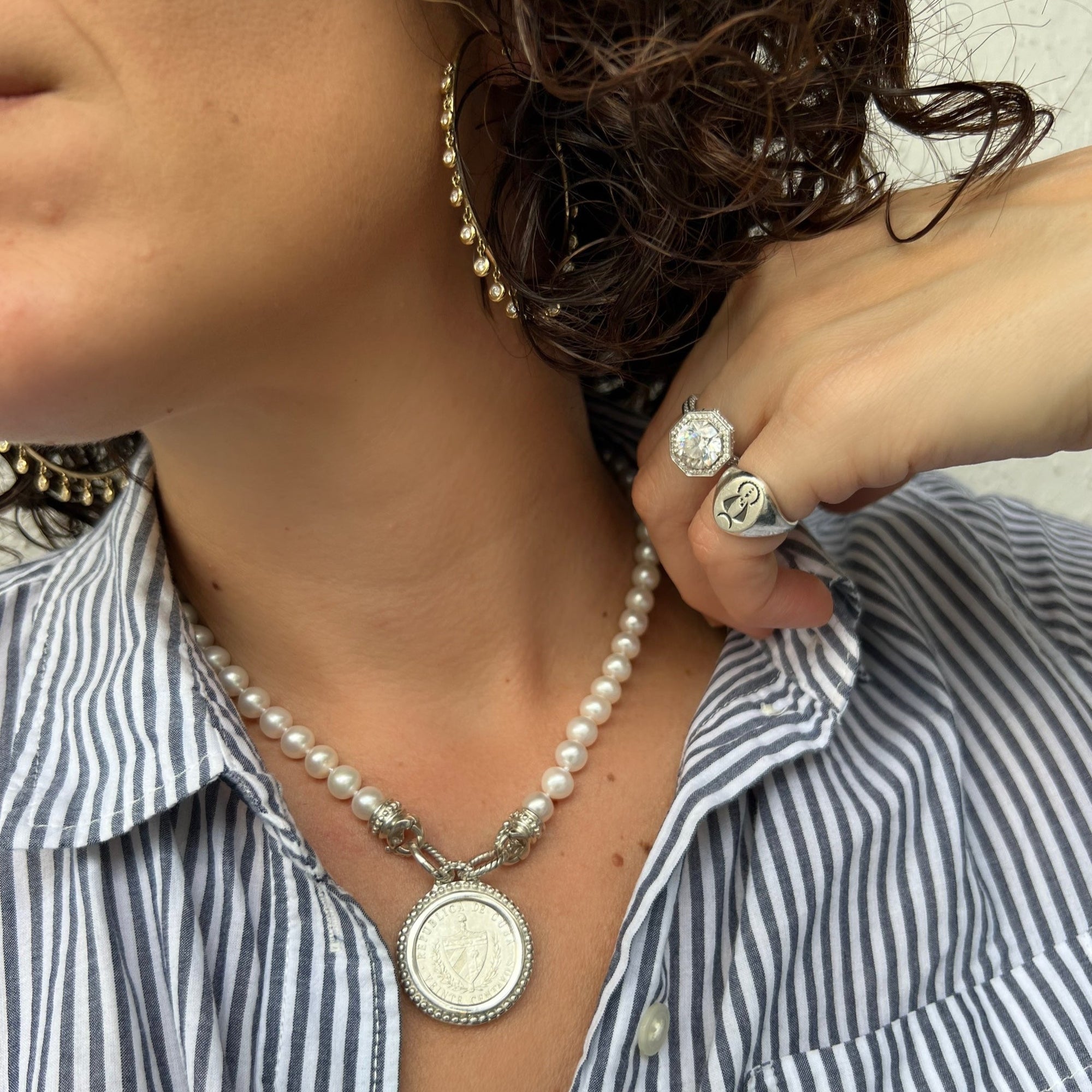 Medium Size Crest on Beaded Bezel Necklace on Freshwater Pearls
